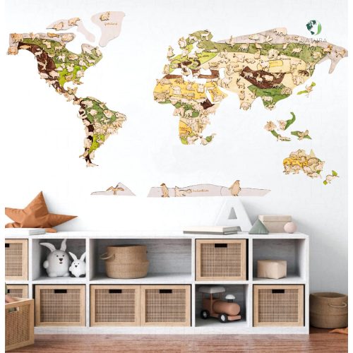 Kinderkarte - Die Tiere der Welt - 3D Holzpuzzle Wandkarte 130x70 cm